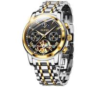 OLEVS Mens Automatic Watches Skeleton Mechanical Self Winding Luxury Fashion Dress Wrist Watch Luminous Waterproof, 6617: Two tone strap & black dial, Luxury