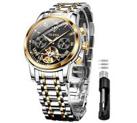 OLEVS Mens Automatic Watches Skeleton Tourbillon Mechanical Self Winding Luxury Dress Wrist Watch Moon Phase Day Date Waterproof Luminous Watch Gifts, 6617: two tone strap & black dial, Classic