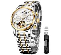 OLEVS Mens Automatic Watches Skeleton Tourbillon Mechanical Self Winding Luxury Dress Wrist Watch Moon Phase Day Date Waterproof Luminous Watch Gifts, 6617: two tone strap & white dial, 6617
