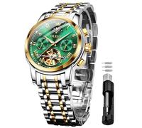 OLEVS Mens Automatic Watches Skeleton Tourbillon Mechanical Self Winding Luxury Dress Wrist Watch Moon Phase Day Date Waterproof Luminous Watch Gifts, two tone strap & green dial, Mechanical,Self-winding