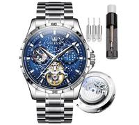 OLEVS Mens Automatic Watches Starry Sky Skeleton Tourbillon Self Winding Mechanical Wrist Watch，Waterproof and Luminous Stainless Steel Precision Watch Strap (6689-Blue dial Steel Strip)