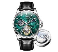 OLEVS Mens Automatic Watches Starry Sky Skeleton Tourbillon Self Winding Mechanical Wrist Watch，Waterproof and Luminous Stainless Steel Precision Watch Strap (6689-Green dial Belt)