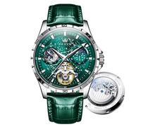 OLEVS Mens Automatic Watches Starry Sky Skeleton Tourbillon Self Winding Mechanical Wrist Watch，Waterproof and Luminous Stainless Steel Precision Watch Strap (6689-Green dial and Green Belt)