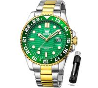 OLEVS Men's Business Dress Analog Quartz Stainless Steel Waterproof Luminous Date Dive Luxury Casual Watch, Silver, 41mm, 30M, Green Dial