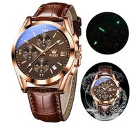 OLEVS Men's Chronograph Quartz Watches, Leather Strap Gold Case with Day Date, Waterproof Stainless Steel Wrist Watch, Luminous Watches for Men, Fashion, Leisure (Leather Strap