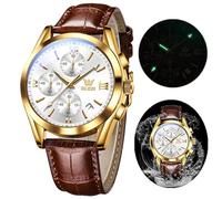 OLEVS Men's Chronograph Quartz Watches, Leather Strap Gold Case with Day Date, Waterproof Stainless Steel Wrist Watch, Luminous Watches for Men, Fashion, Leisure