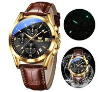 OLEVS Men's Chronograph Quartz Watches, Leather Strap Gold Case with Day Date, Waterproof Stainless Steel Wrist Watch, Luminous Watches for Men, Fashion, Leisure (Leather Strap Black dial)