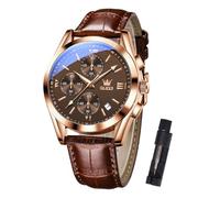 OLEVS Men's Chronograph Watch Quartz Brown Leather Strap Luxury Watch Waterproof Functional Dial with Date Diamond Business Watches for Men