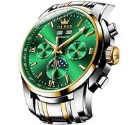 OLEVS Men's Golden Automatic Mechanical Watch Stainless Steel Bezel Luminous Waterproof Luxury Watches, Two Tone Strap & Green Face, watches for men