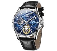 OLEVS Mens Leather Watches Automatic Mechanical Skeleton Tourbillon Diamond Luxury Self Winding Dress Wrist Watches Moon Phase Waterproof Luminous, 6689: Black strap & Blue dial, Luxury
