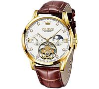 OLEVS Mens Leather Watches Automatic Mechanical Skeleton Tourbillon Diamond Luxury Self Winding Dress Wrist Watches Moon Phase Waterproof Luminous, White Face & Brown Strap, Luxury