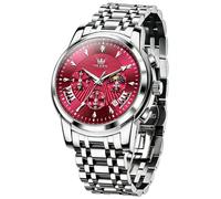 OLEVS Men's Luxury Watch Waterproof Luminous Easy Read Chronograph Watches Full Gold/White Dail/Black Face with Calendar Wristwatch, G2892-Silver Red, ROUND, Luxury Watch
