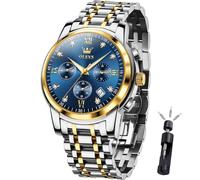 OLEVS Men's Luxury Watch Waterproof Luminous Easy Read Chronograph Watches Full Gold/White Dail/Black Face with Calendar Wristwatch, 2858-Silver Gold-Blue Face, ROUND, Classic watches