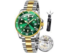 OLEVS Men's Mechanical Watch Waterproof Automatic Stringing Hollow Out Watch for Men, Automatic two tone green, ROUND, Self-winding