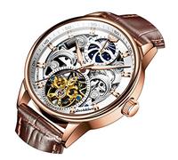 OLEVS Men's Skeleton Watch Luxury Dress Black Leather Silver Gold Tourbillon Moon Phase Automatic Mechanical Self-Winding Waterproof Luminous Wrist Watches, ROES GOLD, Modern