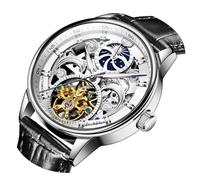 OLEVS Men's Skeleton Watch Luxury Dress Black Leather Silver Gold Tourbillon Moon Phase Automatic Mechanical Self-Winding Waterproof Luminous Wrist Watches, black watch, watch