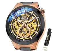 OLEVS Mens Skeleton Watches Automatic Self Winding Mechanical Designer Luxury Dress Stainless Steel Waterproof Original Wrist Watches for Men, 6722:black strap&rose gold dial