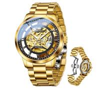 OLEVS Mens Skeleton Watches Gold Automatic Mechanical Luxury Dress Self Winding Stainless Steel Waterproof Luminous Wrist Watches for Men, 6728:Gold strap&black dial