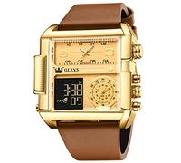 OLEVS Men's Sport Watch Large Face Digital & Analog Quartz Wrist Watch with LED Square Multi-Time Zone Waterproof Stopwatch, Blown/Gold