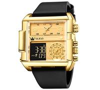 OLEVS Men's Sport Watch Large Face Digital & Analog Quartz Wrist Watch with LED Square Multi-Time Zone Waterproof Stopwatch, Black/Gold