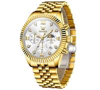 OLEVS Men's Stainless Steel Watch, Waterproof, Modern Large Watch with Date, Quartz, Analogue Luminous Numerals, Men's Watches with Metal Strap, Gifts for Men, Gifts, 2932 White Dial/Gold Strap