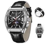 OLEVS Men's Tonneau Watch Luxury Chronograph Quartz Luminous Waterproof Wristwatch Full Calendar Moon Phase Rectangular Sports Fashion Dress Watch Ideal Gifts for Men Husband Father, Black Band Silver