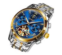 OLEVS Mens Watch Automatic Mechanical Blue Face Winding Moon Phase Stainless Steel Two Tone Date Waterproof Luminous