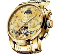 OLEVS Mens Watch Automatic Mechanical Blue Face Winding Moon Phase Stainless Steel Two Tone Date Waterproof Luminous