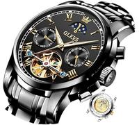 OLEVS Mens Watch Automatic Mechanical Blue Face Winding Moon Phase Stainless Steel Two Tone Date Waterproof Luminous