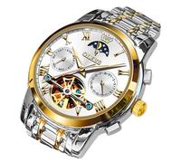 OLEVS Mens Watch Automatic Mechanical Blue Face Winding Moon Phase Stainless Steel Two Tone Date Waterproof Luminous