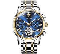 OLEVS Men's Watch Automatic Mechanical Luxury Watches Waterproof Self Winding Moon Phase Day Date Chronograph Stainless Steel Luminous Tourbillon Wristwatch for Men Gifts, blue dial gold case