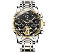 OLEVS Men's Watch Automatic Mechanical Luxury Watches Waterproof Self Winding Moon Phase Day Date Chronograph Stainless Steel Luminous Tourbillon Wristwatch for Men Gifts, black dial