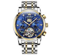 OLEVS Men's Watch Automatic Mechanical Luxury Watches Waterproof Self Winding Moon Phase Day Date Chronograph Stainless Steel Luminous Tourbillon Wristwatch for Men Gifts, gold case and blue dial
