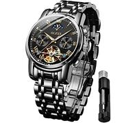 OLEVS Mens Watch Automatic Mechanical Skeleton Winding Moon Phase Black Face Stainless Steel Two Tone Date Calendar Waterproof Luminous