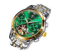 OLEVS Mens Watch Automatic Mechanical Skeleton Winding Moon Phase Green Face Stainless Steel Two Tone Date Calendar Waterproof Luminous
