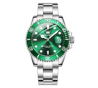 OLEVS Mens Watch Big Face Silver Stainless Steel Analogue Quartz Watches Men Green Dial Rotatable Bezel Calendar Men's Dress Watch Waterproof Luminous with Date Watches for Men Reloj para Hombre
