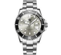 OLEVS Mens Watch Big Face Silver Stainless Steel Analogue Quartz Watches Men Grey Dial Rotatable Bezel Calendar Men's Dress Watch Waterproof Luminous with Date Watches for Mens Reloj para Hombre