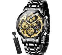 OLEVS Mens Watch Chronograph Luxury Diamond Dress Business Analog Quartz Wrist Watches Stainless Steel Waterproof Luminous, 9947: Black band & Black dial, Gold Luxury Present Gift Business Casual