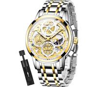 OLEVS Mens Watch Chronograph Luxury Diamond Dress Business Analog Quartz Wrist Watches Stainless Steel Waterproof Luminous, 9947: Two tone band & White dial, Gold Luxury Present Gift Business Casual