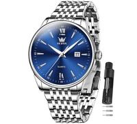 OLEVS Men's Watch,Classic Silver Watches for Men, Waterproof Stainless Steel Roman Numbers Men's Watch Easy to Read, Blue Face Silver Band, ROUND, mens business watch
