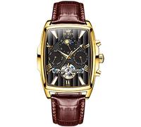 OLEVS Men's Watch Designer Square Luxury Automatic Self Winding Skeleton Brown Breathable Leather Strap Dress Multi-Calendar Waterproof Moon Phase Stylish Suitable Gift