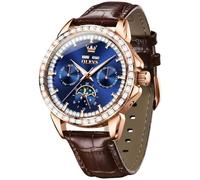 OLEVS Men's Watch Leather Skeleton Automatic Mechanical Tourbillon Calendar Moon Phase Luminous Waterproof Luxury Business Wristwatch, 6695:Blue Dial&Brown Leather