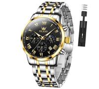 OLEVS Mens Watch Luxury Big Face Stainless Steel Analog Quartz Multifunctional Waterproof Luminous Date Two Tone Fashion Dress Wrist Watches for Man, G5529-Silver Gold-Black, ROUND, Luxury Watch