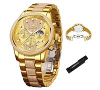 OLEVS Men's Watch Luxury Chronograph Moon Phase Waterproof Watches Gift Men, Maple Texture-Gold-G3645G, ROUND, mens business watch