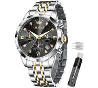 OLEVS Men's Watch - Multifunctional Chronograph with 4 Subdials,Luminous Hands,Date,3ATM Waterproof,Stainless Steel Band,Quartz Business Dress Watch（H3670- Dual Ribbon Black dial）