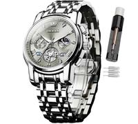 OLEVS Mens Watch Time Code Stainless Steel Strap Glow Waterproof Multi Functional Sub dial Watch Business Dress Quartz Round Luxury Watches for Men (2856-Silver Strap, Gray dial-1)