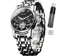 OLEVS Mens Watch Time Code Stainless Steel Strap Glow Waterproof Multi Functional Sub dial Watch Business Dress Quartz Round Luxury Watches for Men (2856-Silver Strap, Black dial-1)
