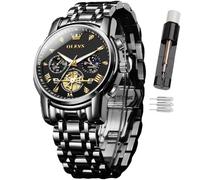 OLEVS Mens Watch Time Code Stainless Steel Strap Glow Waterproof Multi Functional Sub dial Watch Business Dress Quartz Round Luxury Watches for Men (2856-Black Strap, Black dial-1)