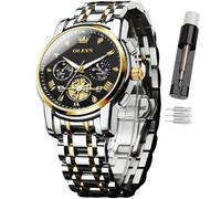 OLEVS Mens Watch Time Code Stainless Steel Strap Glow Waterproof Multi Functional Sub dial Watch Business Dress Quartz Round Luxury Watches for Men (2856-Two Tone Strap with Black dial-1)