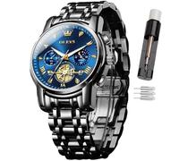 OLEVS Mens Watch Time Code Stainless Steel Strap Glow Waterproof Multi Functional Sub dial Watch Business Dress Quartz Round Luxury Watches for Men (2856-Black Strap, Blue dial-1)